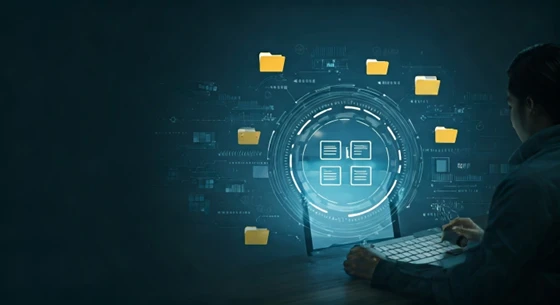 Computer keyboard with a hand, and in front there is a screen with folder icons surrounding the screen