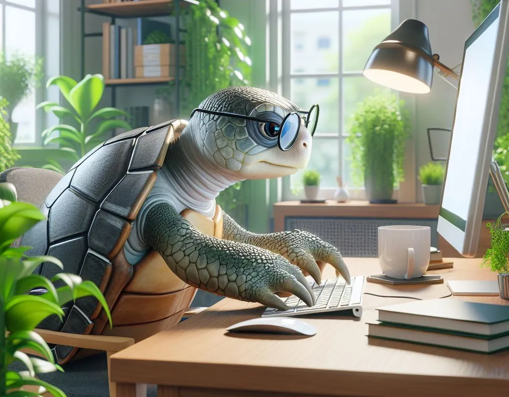 Turtle wearing glasses typing at a keyboard